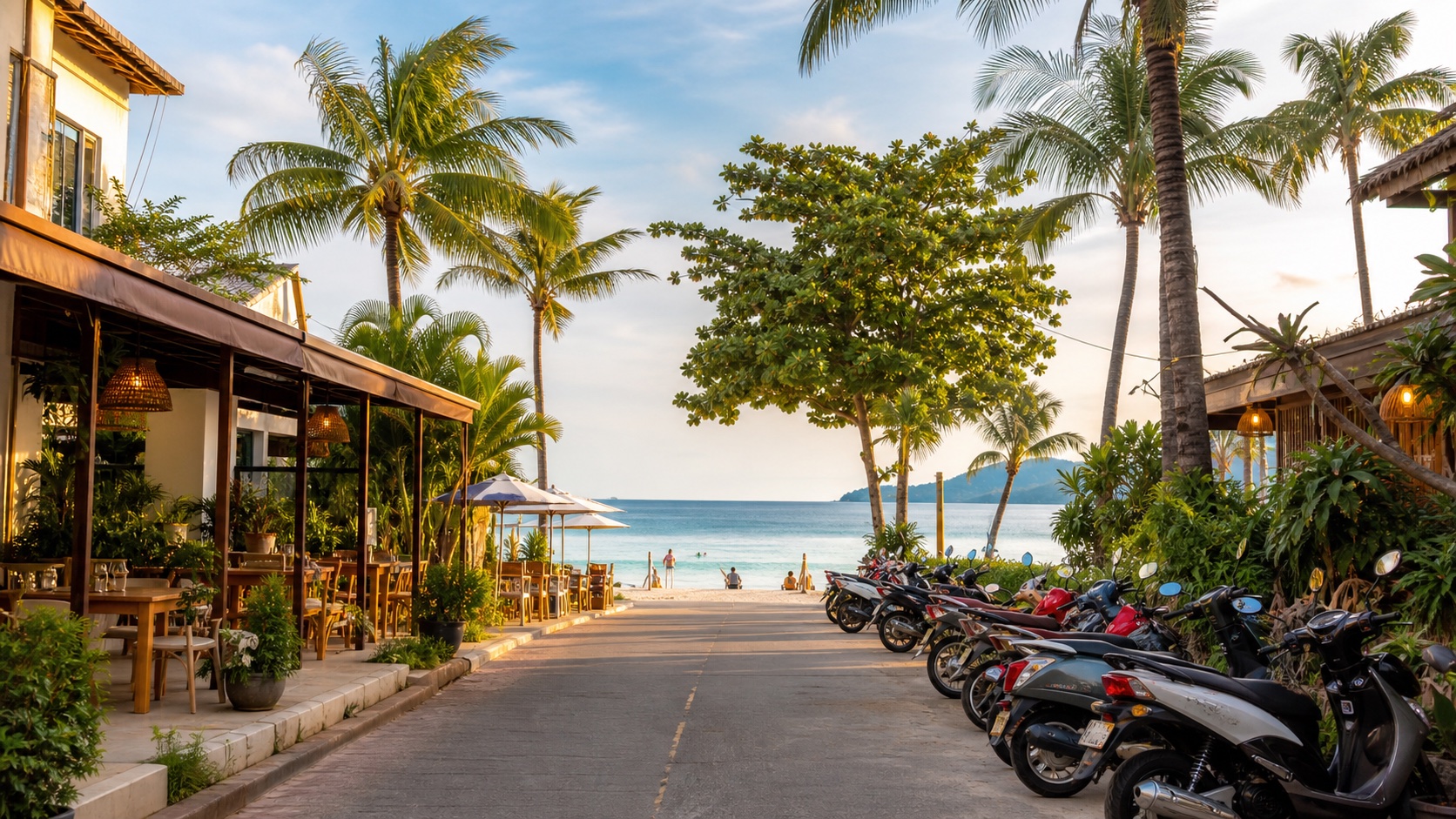 Phuket neighborhood street and coastal travel mood